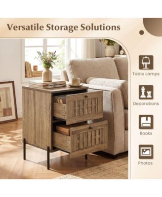 2PCS-Nightstand w/2 Woven Storage DrawersMetal Support LegsBedroomRustic Oak