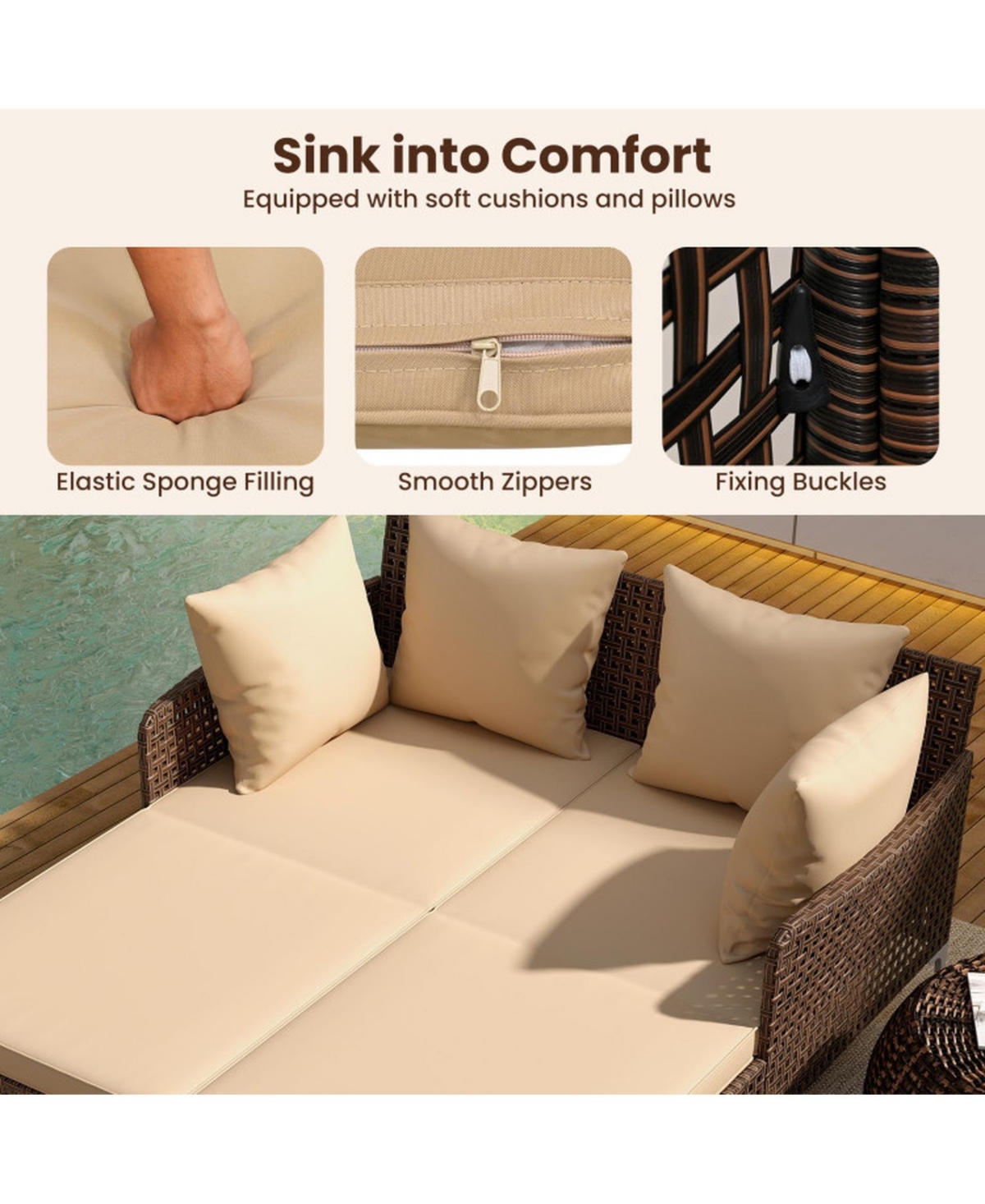 Gouun Outdoor Rattan Double Daybed with Cushions