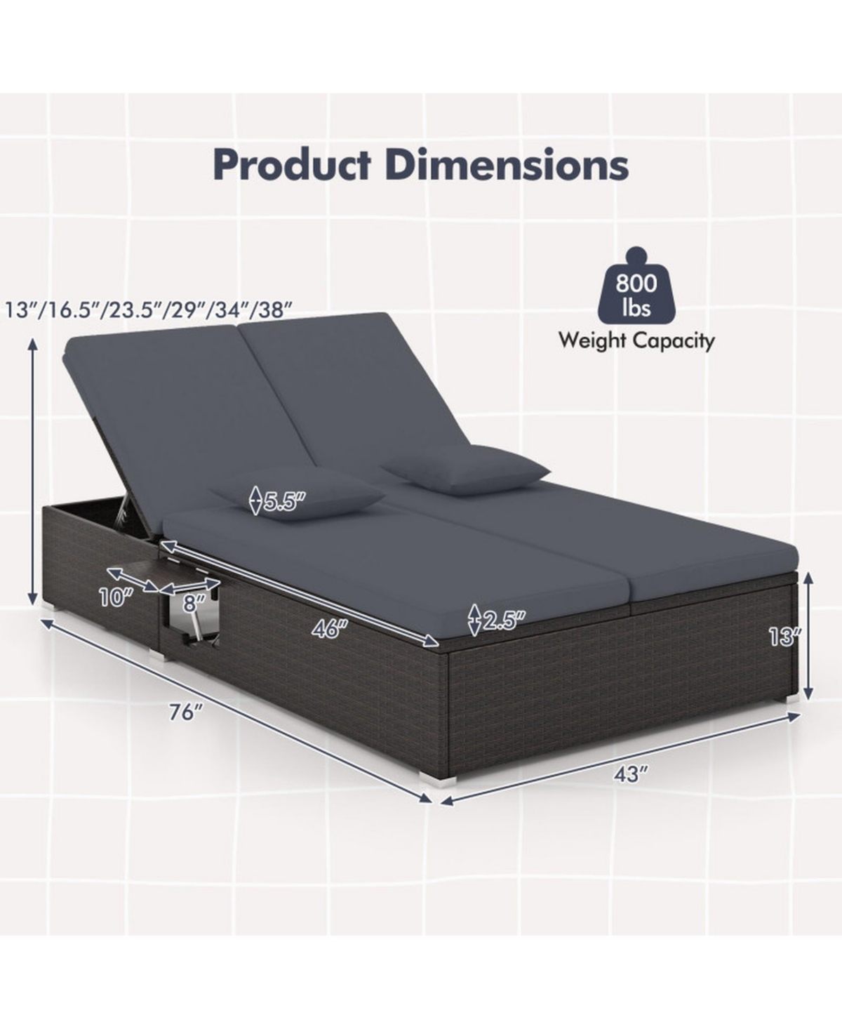 Gouun Double Patio Chaise Lounge with 6-Position Backrests and Folding Trays