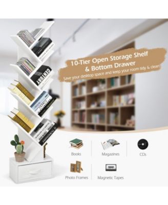 10-Tier Tree-Shaped Bookshelf with Fabric Drawer