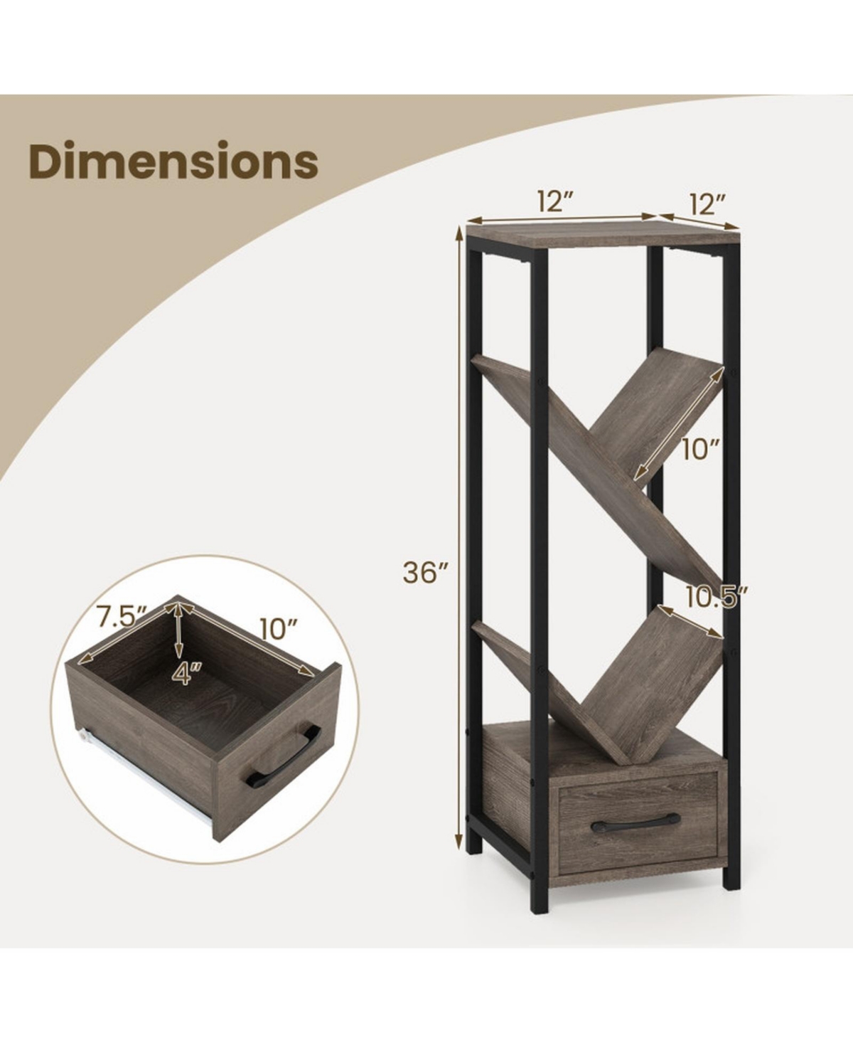 Gouun 4-Tier Floor Tree Bookshelf with Drawer and Metal Frame
