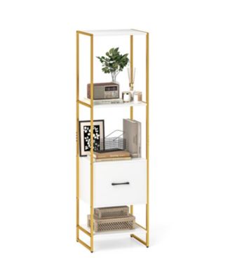 5-Tier Narrow Bookcase with Storage Drawer and Metal Frame
