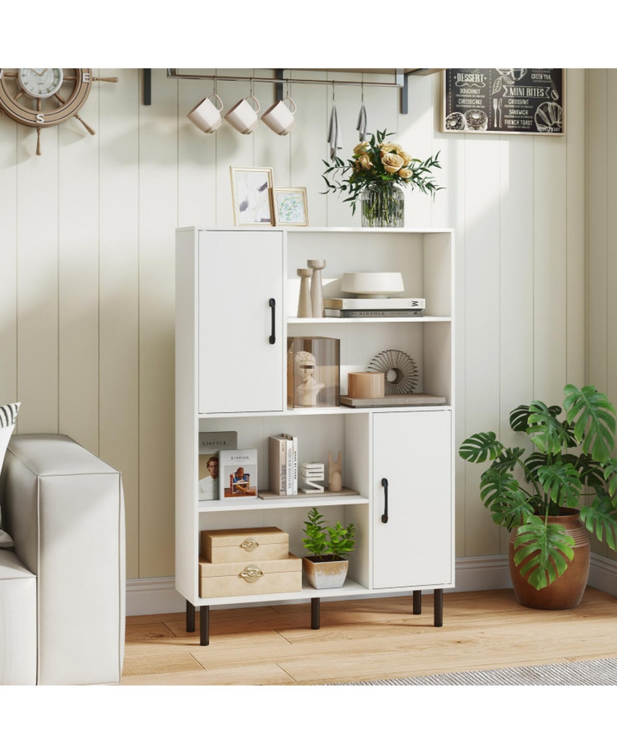 Gouun 47-Inch Storage Cabinet Bookcase with 2 Doors and 4 Open Shelves