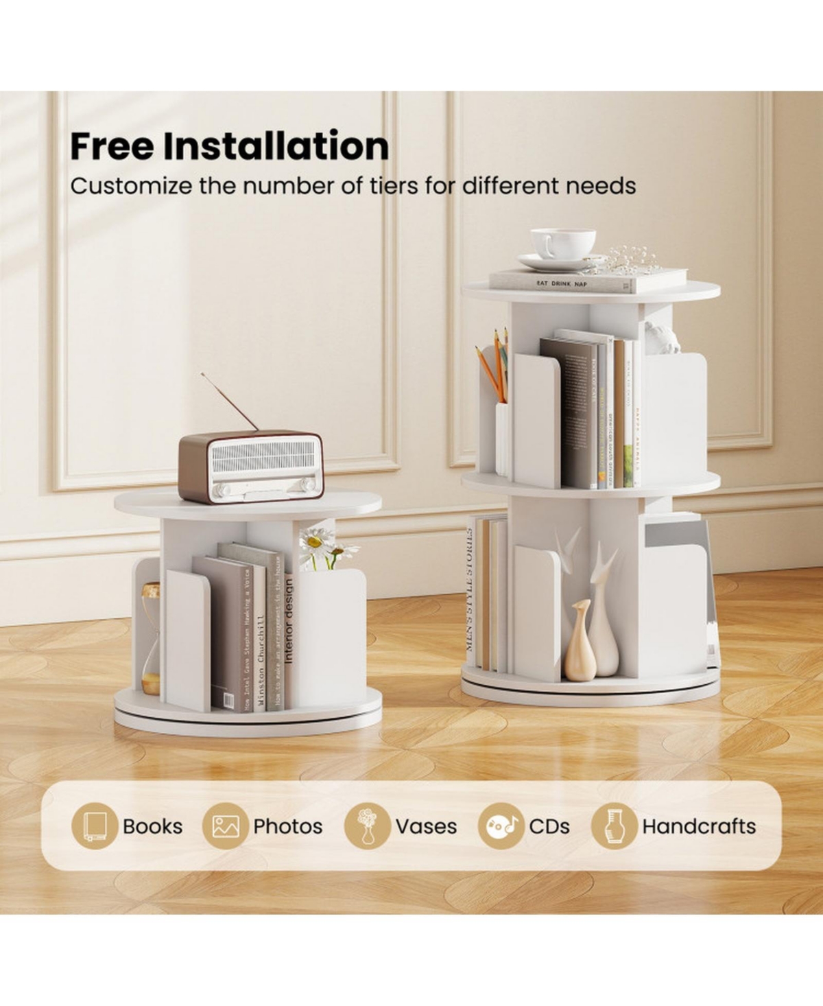 Gouun 2-Tier Rotating Bookshelf with Dividers and Swivel Base