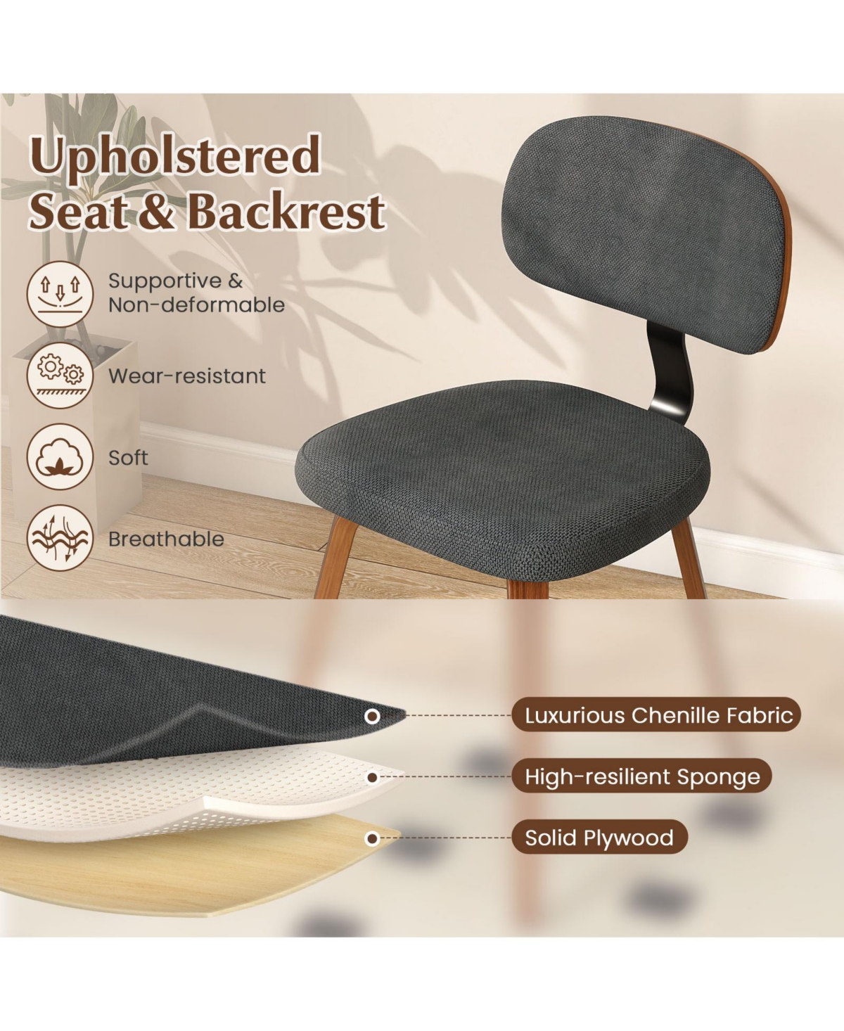 Slickblue Set of 2 Chenille Fabric Upholstered Wooden Kitchen Chairs