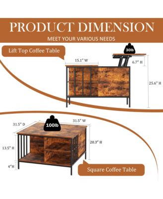 Square Lift-Top Coffee Table, Farmhouse Center Table with Hidden Compartment and Storage Shelves for Living Room