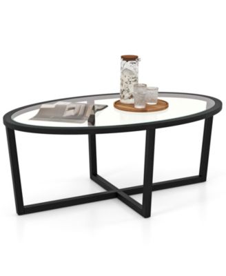Oval Glass Coffee Table with Cross Base Wood Legs