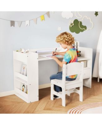 Kids Art Table and Chair Set with Paper Roll Holder and Cabinet