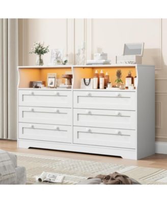 6 Drawer Dresser for Bedroom, with RGB LED Lights and Power Outlet, 55" Wide Chests of Drawers Dresser TV Stand for 55 Inch TV