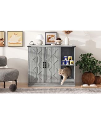 Modern Cat Litter Box Cabinet with Power Outlet, Hidden Enclosure for Large Automatic Boxes, Catcher, Storage