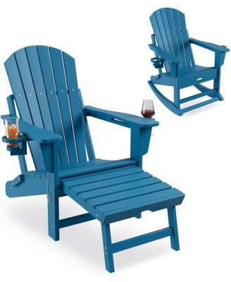 Folding Adirondack Rocking Chair with Retractable Ottoman and Cup Holders, HDPE All-Weather Outdoor Chair for Porch