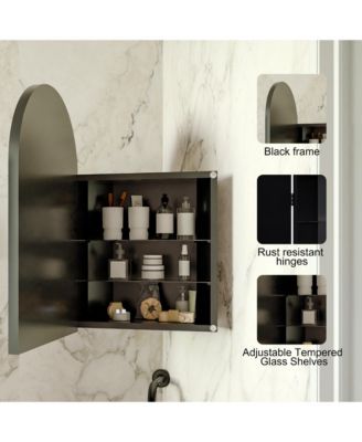 18x24 Inch Metal Corner Medicine Cabinet with Arched Mirror, Adjustable Glass Shelves, Space-Saving Bathroom Storage Organizer for Small Space