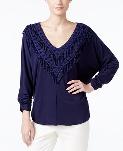 NY Collection Crochet Fringe-Trim Peasant Top
