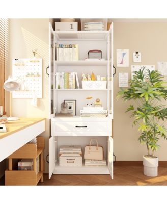 4-Shelf Wood Standard Bookcase With Doors, Cabinet, Drawer