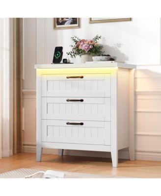 Farmhouse Drawer Dresser with Charging Station and LED Lights, Slim Wooden Bedroom Dresser