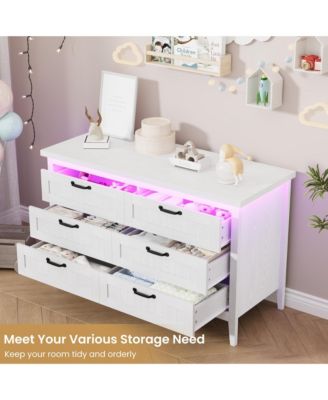 Farmhouse Drawer Dresser with Charging Station and LED Lights, Slim Wooden Bedroom Dresser