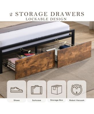 Full Size Bed Frame with Storage Headboard, LED Lights and Charging Station, Platform Bed with 2 Drawers