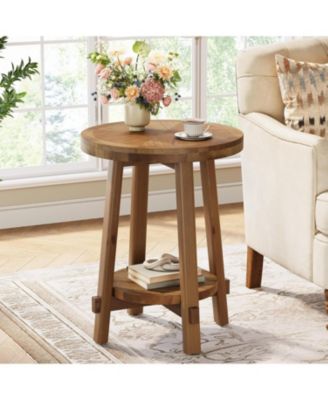 Solid Wood Side Table for Living Room, Small Round End Table with 2-Tier Storage, Farmhouse Wooden Circle Bedside Nightstand