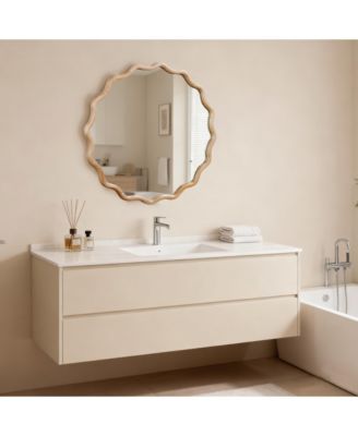 30 Inch Wood Color Wavy Round Decorative Mirror, Solid Wood Frame for Bathroom Wall