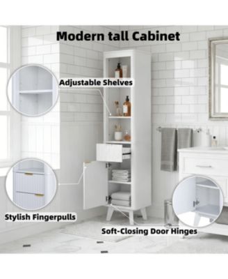 68" Tall White Storage Cabinet with Drawer, Door and Adjustable Shelves