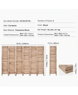 Wood Room Divider, 6 Panel Folding Privacy Screen, for Home or Office Use