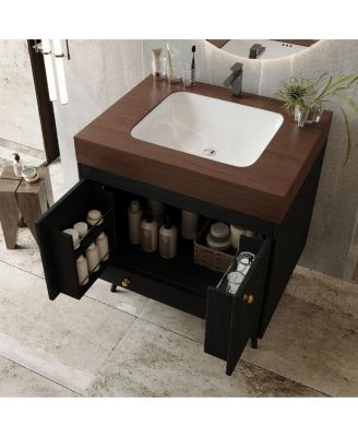 30" Freestanding Bathroom Vanity with Walnut Faux Marble Top, Ceramic Sink, Soft Close Storage for Small Bathrooms