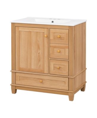 30 Inch Natural Wood Color Bathroom Vanity with Ceramic Sink Freestanding Cabinet Solid Rubberwood Legs Soft Close Doors and Drawers