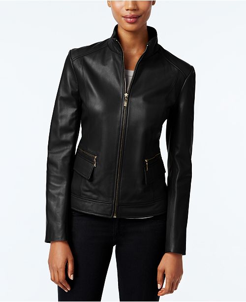 Cole Haan Leather Stand-Collar Jacket - Coats - Women - Macy&#39;s