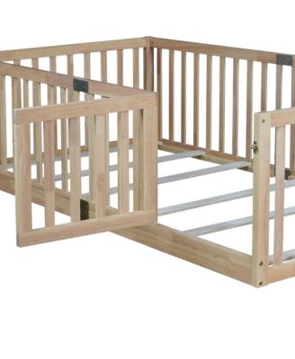 Twin Size Floor Bed with High Fence Railings, with Door