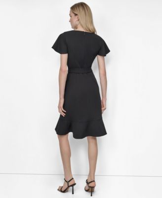 Women's Flutter Short-Sleeve V-Neck Faux-Wrap Dress