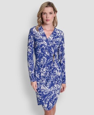 Women's Long-Sleeve V-Neck Faux-Wrap Dress