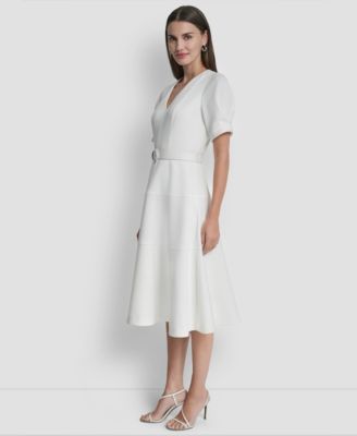 Women's Puff Short-Sleeve V-Neck Midi Dress
