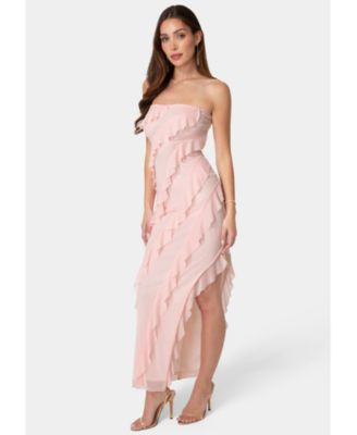 Women's Strapless Mesh Ruffle Maxi Dress