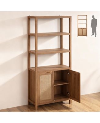 5-Tier Rattan Boho Bookcase with Doors for Home Storage