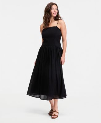 Women's Cotton Gauze Curved-Waist Mixed-Media Midi Dress