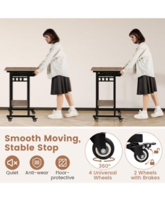 Rolling Computer Table with Pull-out Keyboard Tray and Storage Hooks