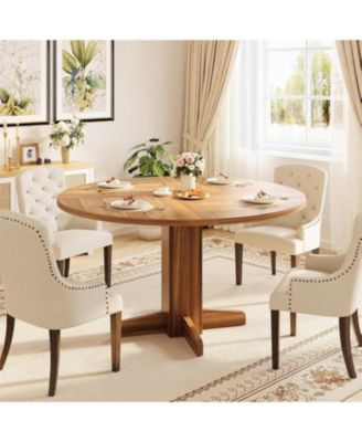 47'' Round Dining Table for 4–6, Wood Kitchen Table with Sturdy Pedestal Base, Farmhouse Walnut Circle Table for Living Room & Apartment