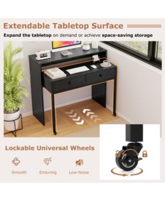 Extendable Convertible Computer Desk with 2 Drawers and Rolling Cart