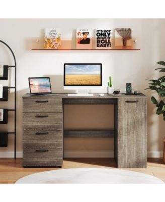 53 in Computer Desk with Power Outlets, 4 Storage Drawers and Adjustable Shelf