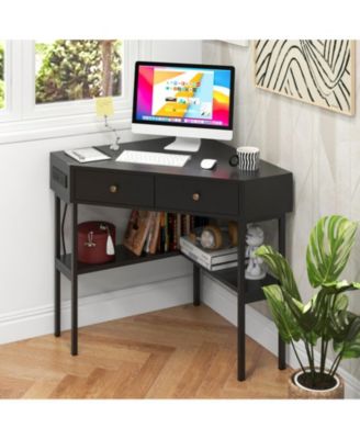 Triangle Corner Desk with Charging Station, 2 Drawers and Storage Shelf