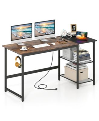 59 in Industrial Computer Desk with Built-in Charging Station and Storage Shelves