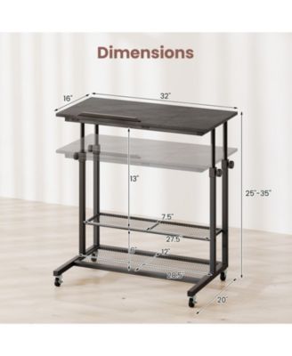 Mobile Height Adjustable Standing Table with Tilting Tabletop and Shelves