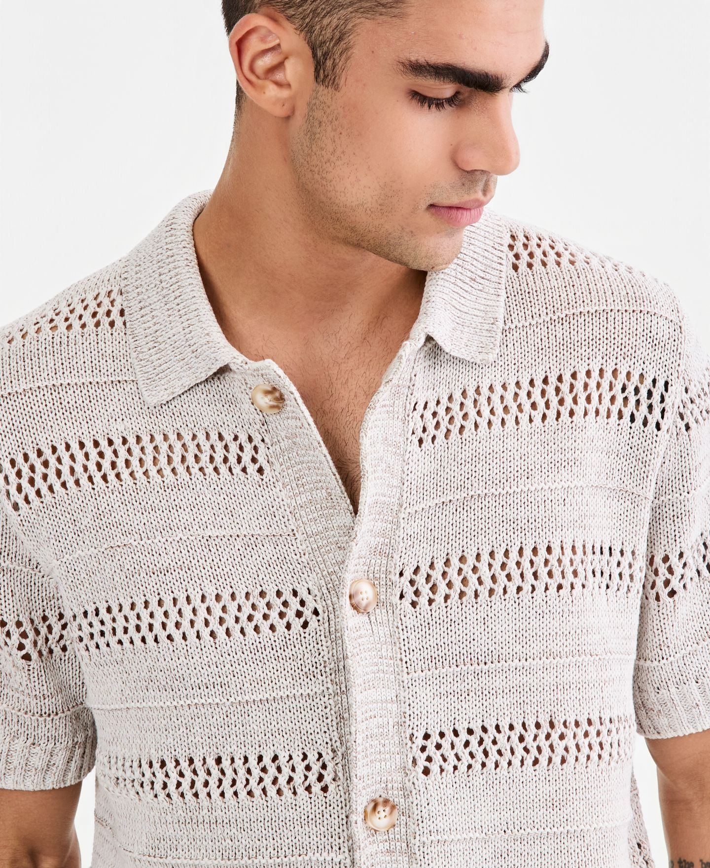 Мужской свитер Sun + Stone Striped Open-Stitch Button, цвет: Винтажный белый — фото 4