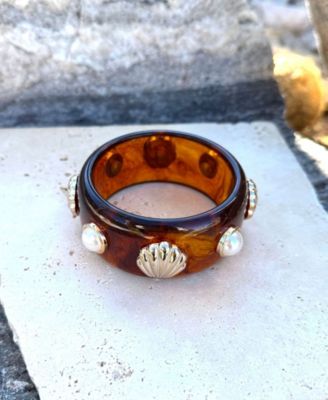 Shell and Pearl-Studded Tortoise Bangle Bracelet