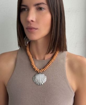 Silver Oversized Shell Charm on a Wood Beaded Magnetic Clasp Chain