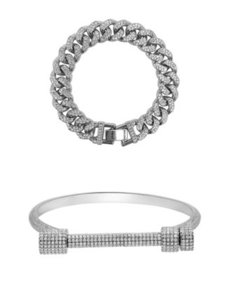 Silver 2-Piece Chunky Crystal Curb Chain and Cuff Bracelet Set