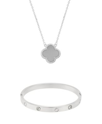 Silver2-Piece Halo Clover Necklace and Bracelet Set