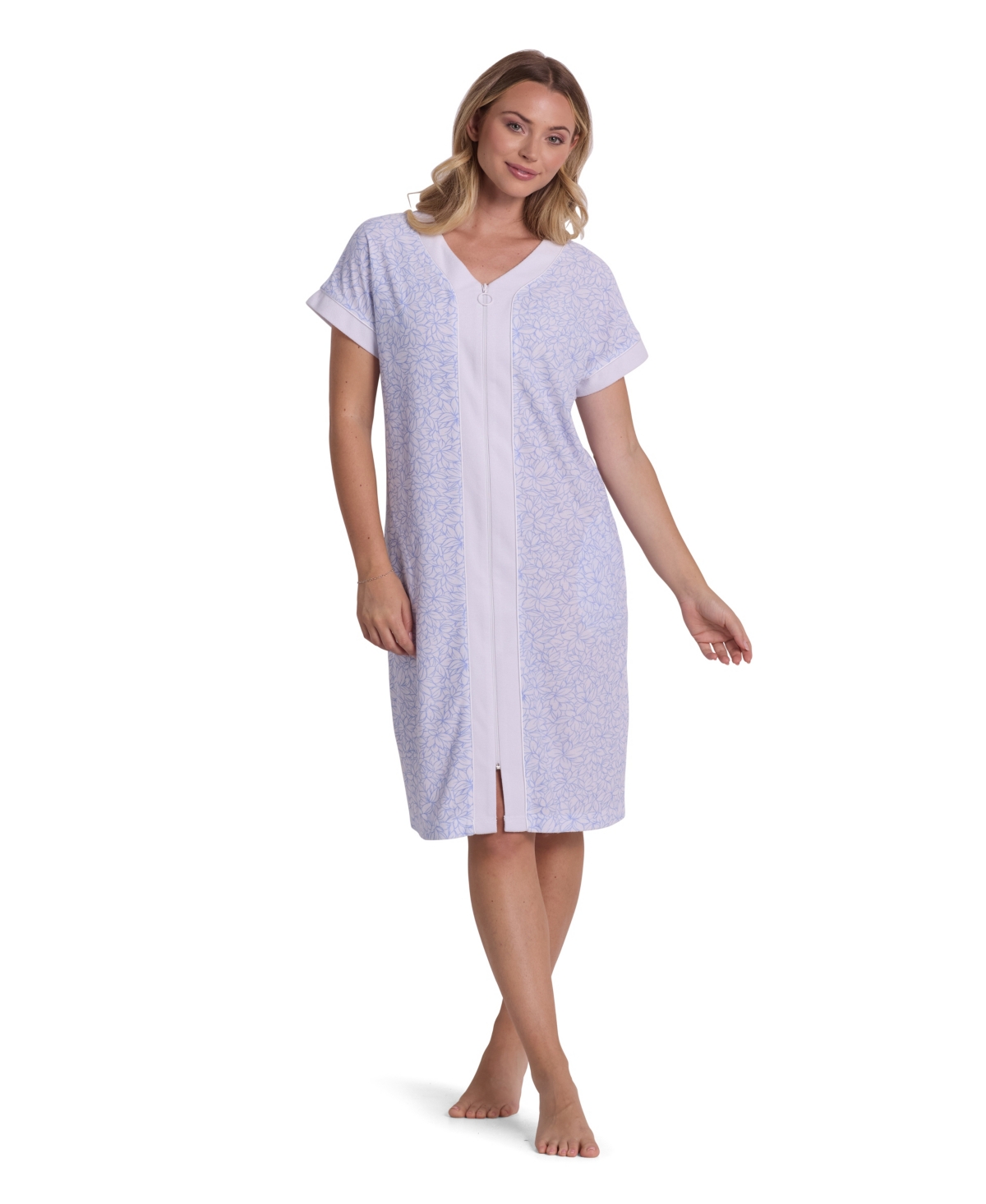 Miss Elaine Women's Printed Short-Sleeve V-Neck Robe - Blue and White