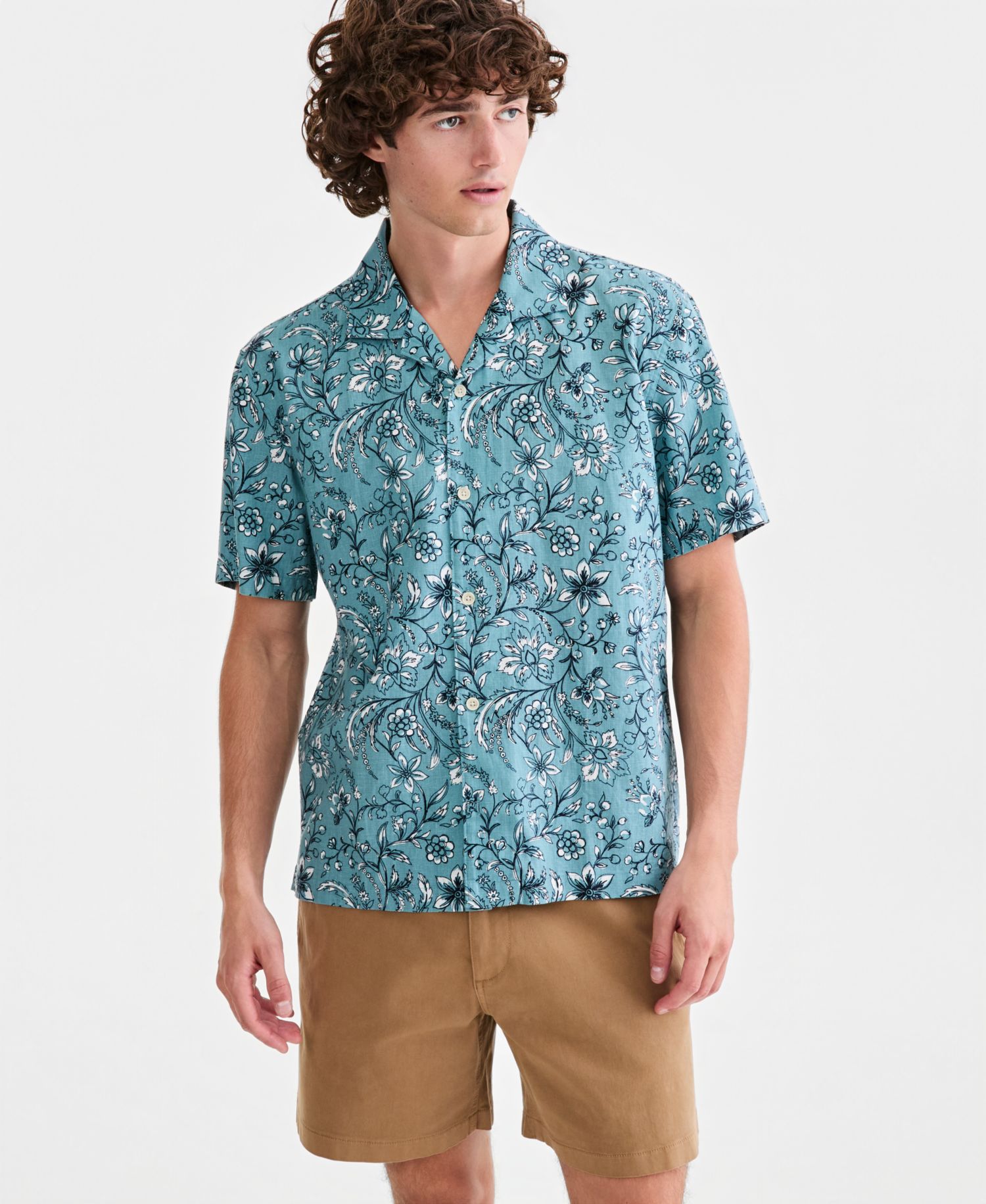 Men's Linen Blend Floral-Print Camp Shirt