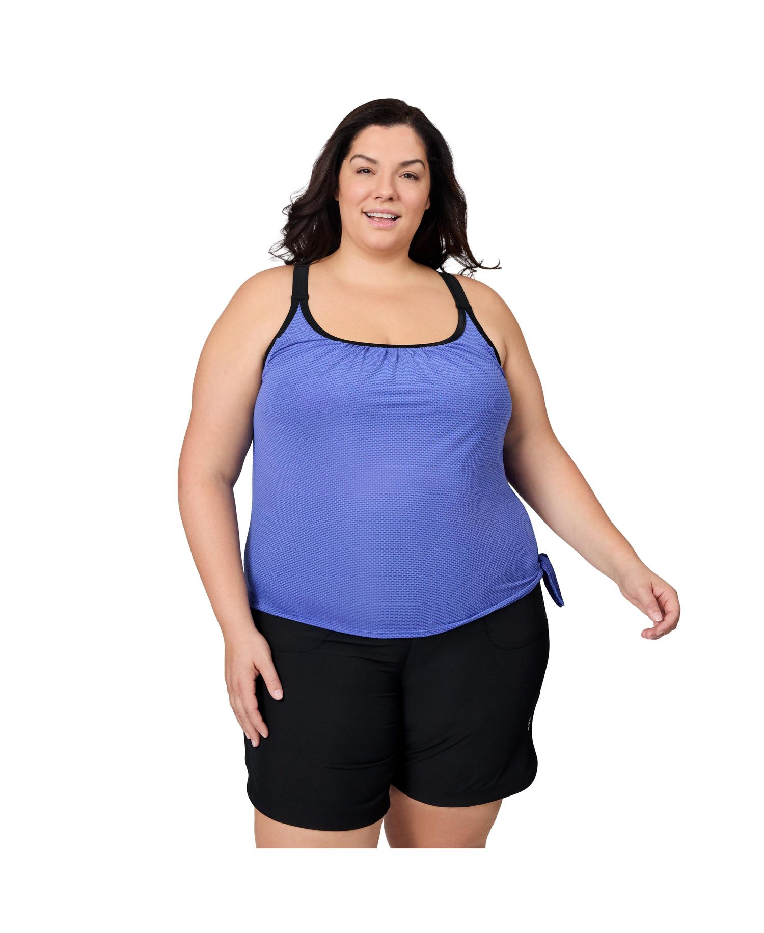 Plus Size Textured Mesh Side Tie Blouson Tankini Top